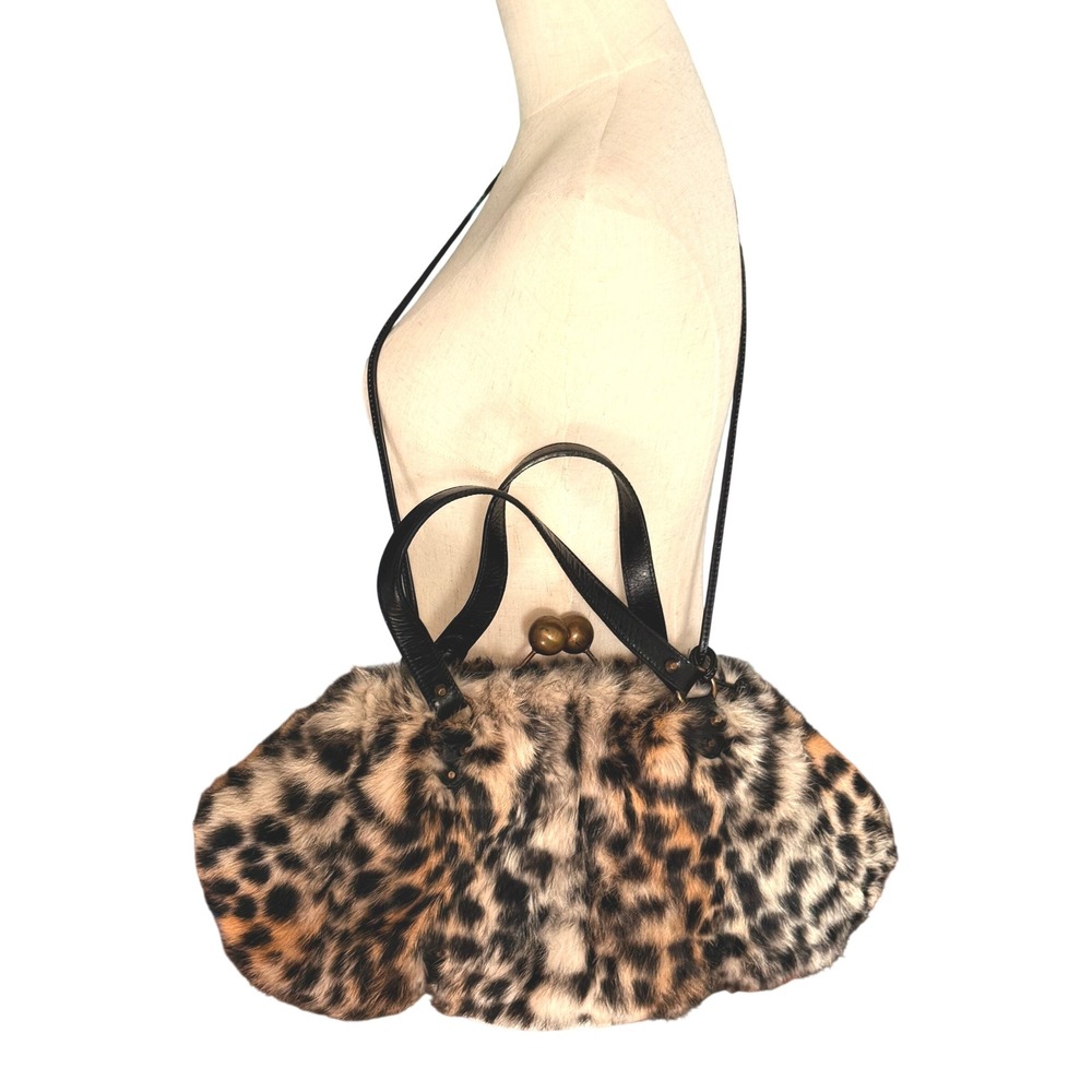 Vintage Y2K Genuine Rex Rabbit Fur Leopard Print Handbag Kisslock Romania